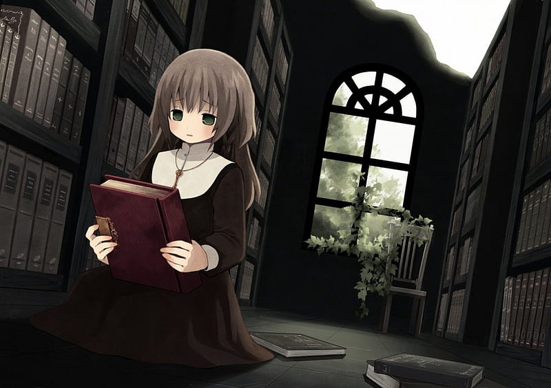 HD wallpaper gloomy library dress book adorable eerie horror creepy library anime scary anime girl female window black gloom cute kawaii girl dark sad sinister